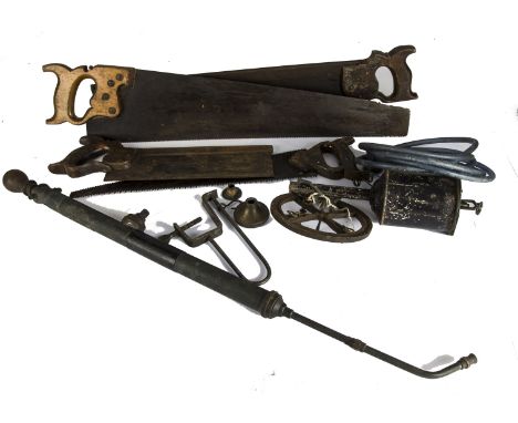 Tools, a vintage clockwork spit-jack, with pulley wheel and key together with a "Mysto" Gem brass sprayer and four vintage wo