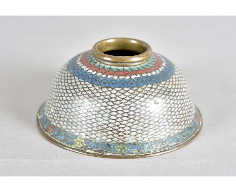 An 18th Century Chinese copper and cloisonné inkwell, circular tapered design, with opaque scale cells and blue, white, red a