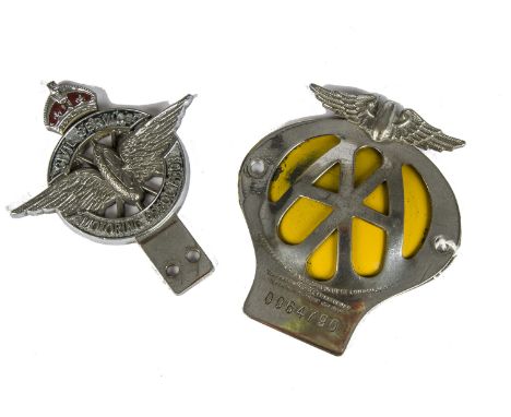 Motoring, a vintage Civil Service Motoring Association, badge bar badge (Kings Crown) together with a 1950's AA badge , grill