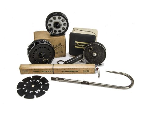 Angling Equipment, a vintage "Army & Navy" reel box together with a W Young &  Son Beaudex fly reel, Pridex fly reel, Condex 