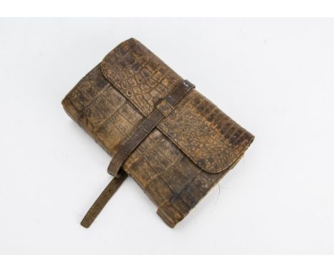 Angling Equipment, a vintage "crocodile/alligator" skin, leader/fly pouch. With leather end pockets and individual felt and  