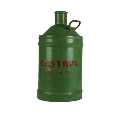 Motoring, a vintage Oil Drum, Embossed marked, " Castrol Motor Oil" 10 1/4, painted green with side handle to top, later plas