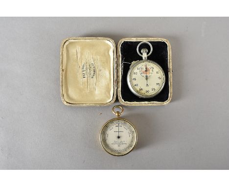 A Falon & Sons pocket Barometer, in circular lacquered case and a chromed stop watch (2)
