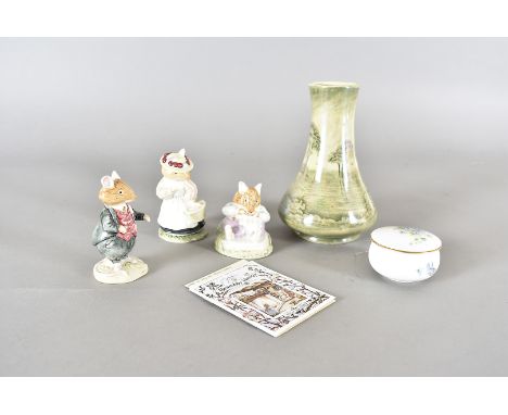 Three Royal Doulton Brambly Hedge figures, together with a Staffordshire lustre tapered vase, with tree design, together with