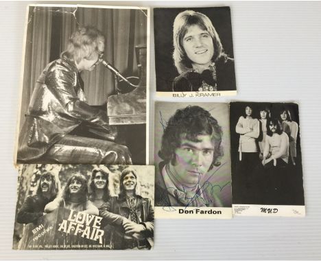 60's & 70's AUTOGRAPHS & ELTON JOHN PHOTOGRAPH - four signed promo photographs to include Love Affair, Billy J Kramer, Mud an