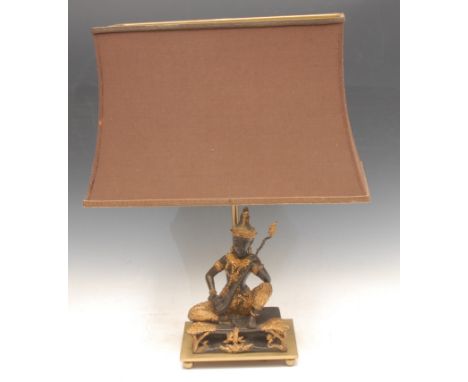 Thai School, a bronze, of a Buddha playing a veena, later converted to a lamp and mounted on a brass plinth, 46.5cm high over