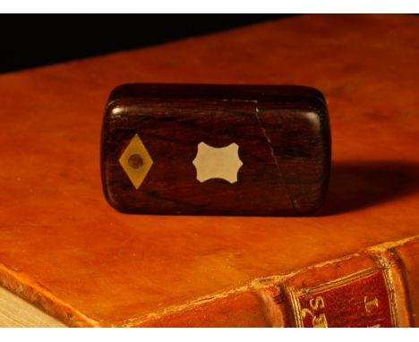 A 19th century rosewood puzzle snuff box, inlaid with a vacant white metal cartouche, 6cm wide, c.1870 
