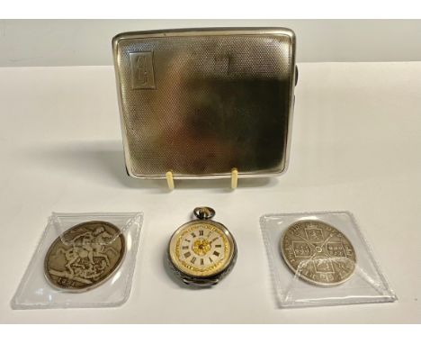 A 19th century lady's silver open face pocket watch, 3.5cm diameter, c.1900; a George V silver cigarette case, engine turned,