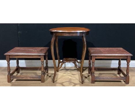 A pair of oak lamp tables; an Edwardian centre table (3) 