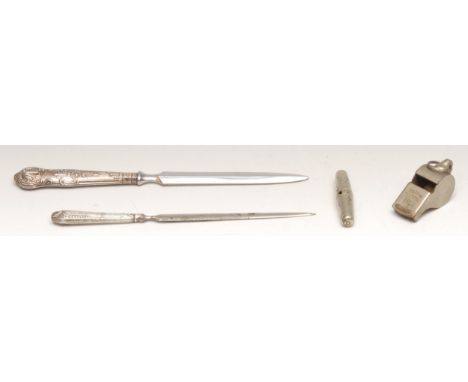 An Elizabeth II silver hafted King's pattern letter knife, 23cm long, Sheffield 1982; another, Continental; an ACME Thunderer