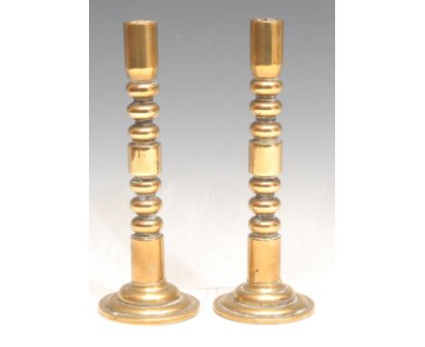 A pair 19th century brass engine turned candlesticks, knopped columns, stepped circular bases, 16cm high 