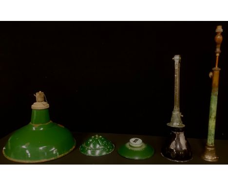 A mid 20th century EDL type two arm engineer's or machinist's lamp, the enamel shade 17cm diameter; a large green and white e