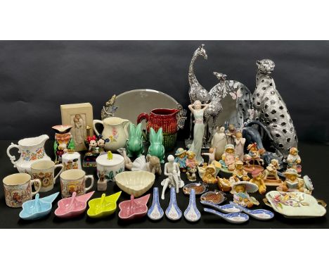 Ceramics - a Nao figure, of a ballerina; a Russian Lomonosov model, of a penguin; a pair of Art Deco models, of rabbits; a Di