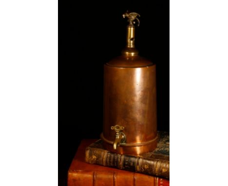 An unusual 19th century copper and brass whistling samovar or urn, the whistle surmounted by a silvered parrot finial, brass 