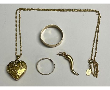 A 9ct gold wedding band, size U/V, marked 375, 2.3g; a 9ct gold ring and a 9ct gold pendant, 1g gross; a gold necklace with g