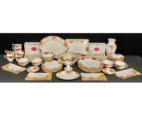 A Royal Albert Old Country Roses pattern tea and dinner service, napkins, pastry forks; qty 