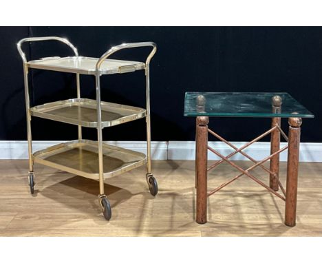 A faux-patinated metal lamp table or coffee table, glass top, 51.5cm high, 55cm square; a three-tier serving trolley or bar c