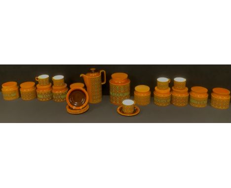 A Hornsea Bronte pattern coffee pot, cups and saucers, storage jars and covers, tableware; qty 
