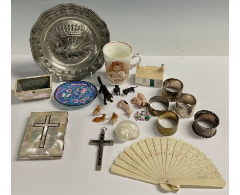 Boxes and Objects - a silver napkin ring, Birmingham 1949; others, Sheffield 1881, Chester 1926; a Victorian mother of pearl 