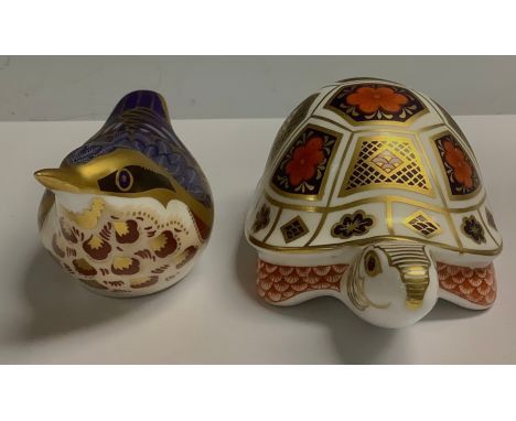 A Royal Crown Derby paperweight, Nuthatch, gold stopper, 5cm high, first quality; another, Imari Turtle, modelled by Robert J