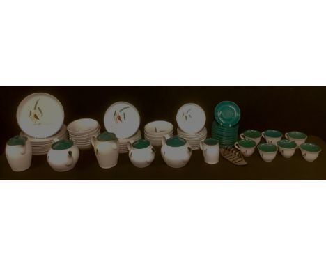 A Denby Greenwheat part dinner and tea service, comprising dinner plates, dessert plates, bowls, side plates, teapots, coffee