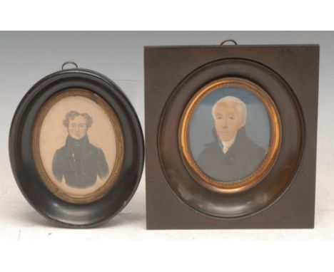 French School (early 19th century), a portrait miniature, of a white-haired gentleman, bust-length wearing a black coat, oval