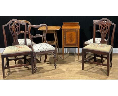 An Edwardian satinwood banded mahogany bedroom cabinet; an Arts &amp; Crafts period oak lamp table; five dining chairs, inclu