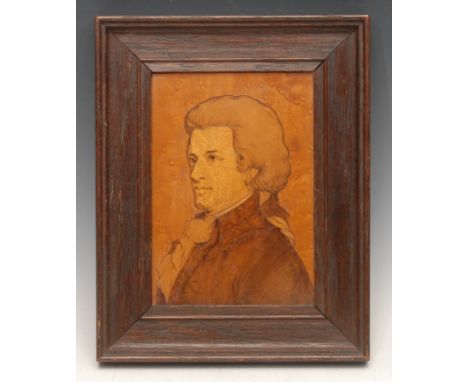 Classical Music - an early 20th century marquetry portrait panel, Wolfgang Amadeus Mozart (1756 - 1791), inlaid in exotic tim