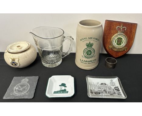 Post war British RAF Glass Water Jug, WW2 AM marked silver knapkin ring, WW2 RAF Marmalade jar, RAF Laarbruch Sgt Mess 1L Bee