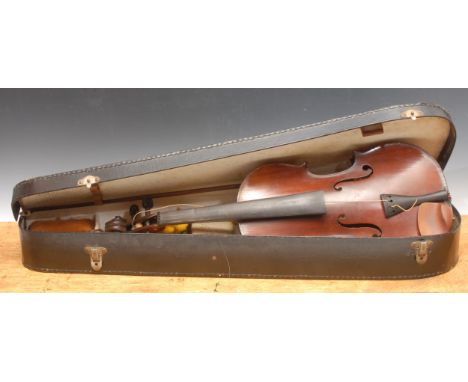 A violin, the one piece back 35.5cm long excluding button, paper label printed Celebre Vosgien, ebonised tuning pegs, 59cm lo