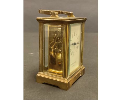 A Mappin and Webb lacquered brass five glass carriage clock, white dial, Roman numerals, 15cm over swing handle 