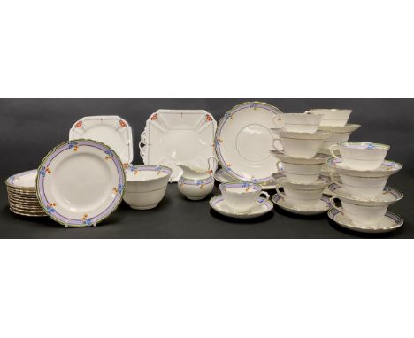 An Art Deco Shelley dessert service for six, comprising cake plate and dessert plates; an Art Deco Tuscan China tea service f