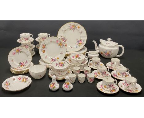 A Royal Crown Derby Posies pattern tea service for six, comprising teapot, cream jug, sugar bowl, side plates, cups and sauce