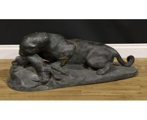Continental School, 20th century, a large verdigris patinated bronze, The Kill, 99cm long 