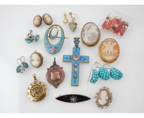 Turquoise decorated earrings, cameos, floral enamel cross and other jewellery. 