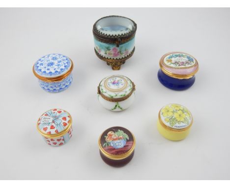 Early 20th century gilt metal mounted porcelain trinket box, a Halcyon Days enamel box, Limoges box and four other enamel box