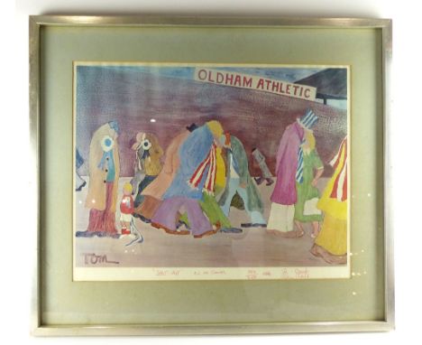 Tom S***** (20th century British), Shut Out, study of football supporters for Oldham, lithograph, signed and titled in red fe