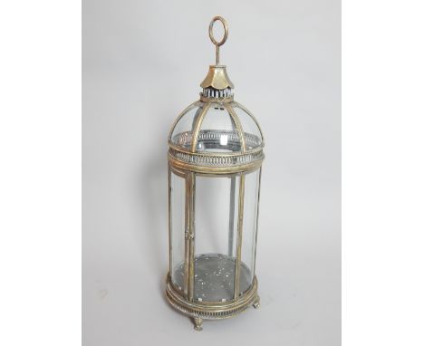Large lantern, cylindrical with a domed top and ring handle, with six glass panes and brass surround, 82cm h 