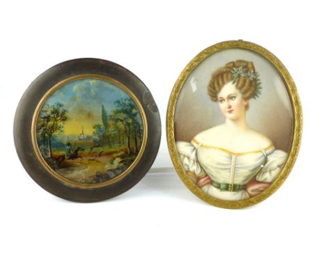 Portrait miniature of Caroline Bauer, oval 10cm h, with a reverse painted pot lid, (2) 