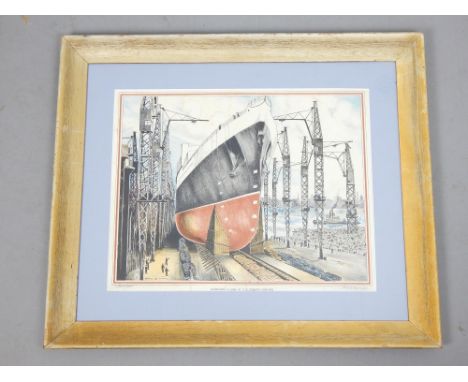 Paul B. Mann, a framed artist's proof lithograph, ''Launching a Liner at Clydebank Shipyard'', Shipping interest, signed in p