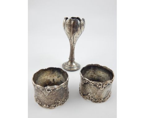 Edwardian silver Art Nouveau bud vase and a pair of Sterling silver napkin rings 