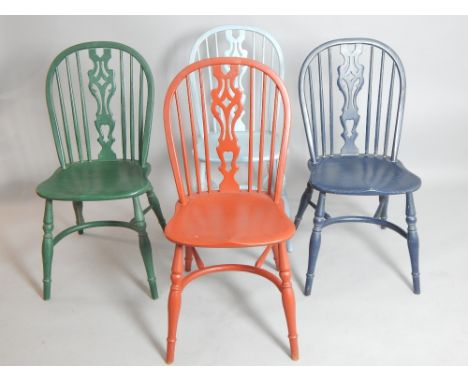 Set of 4 x Chalom comb back kitchen chairs, pierced splat, bow stretcher, turned legs, multicolour, (4) 