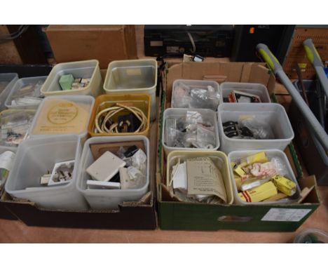 A vast selection over 11 boxes of electrical components including tools spare parts and boxed Central OHM meter