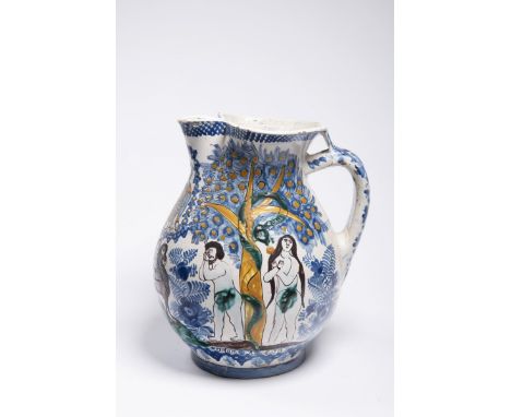 JUG WITH ADAM AND EVE 1851 Slovakia Faience, varicoloured glaze 27 cm Signed: "Šifer Juro 1851" Representative post-Haban jug