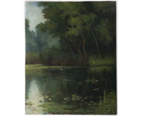 JOSEF KRÁL 1877 - 1914: POND WITH WATER LILIES Before 1907 Oil on canvas 76,5 x 61,5 cm Signed: Lower left "J. Král" Josef Kr