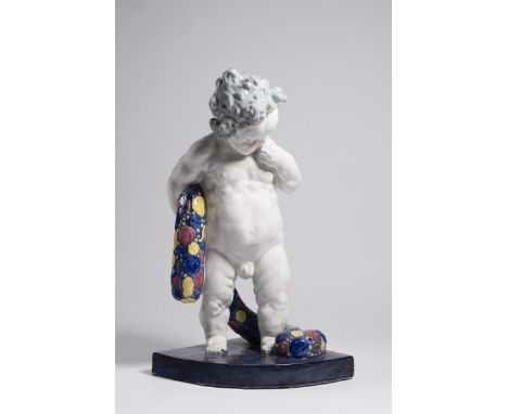 PUTTO WITH A FLOWER FESTOON Ca. 1910 Bohemia Glazed pottery 80 cm Glazed ceramic figure putti made of soft earthenware in lif