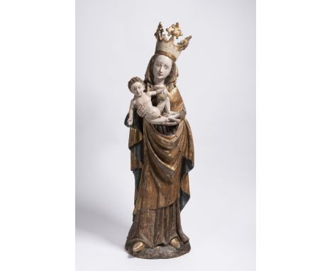 UNKNOWN AUTHOR: MADONNA WITH BABY JESUS Before 1450 Bohemia Polychrome and gilded wood 113 cm The statue of the Madonna and C
