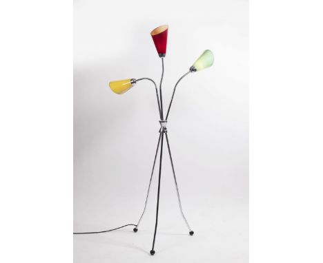 STANDING LAMP "BRUSSELS" 1960s Bohemia chrome steel, plastic 180 x 100 cm The three-arm floor lamp with colored widths is uni