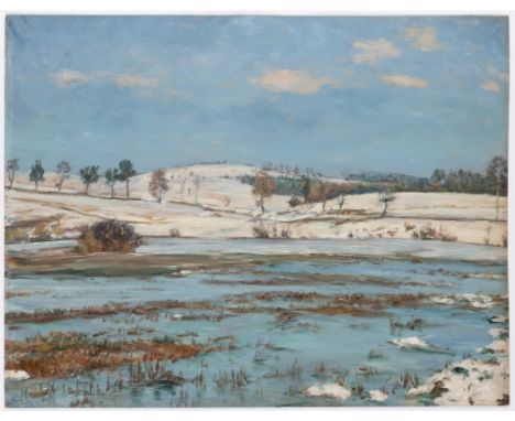 FRANTIŠEK KAVÁN 1866 - 1941: POND IN TRHOVÁ KAMENICE ON THE FIRST SNOW Ca. 1920 Oil on cardboard 49 x 63,5 cm Signed: Lower l