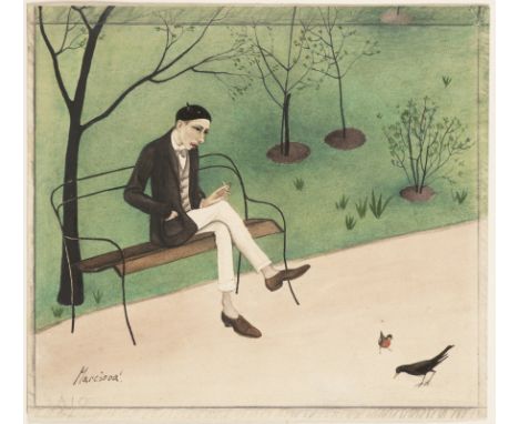 MILADA MAREŠOVÁ 1901 - 1987: IN A PARK ON A BENCH Ca. 1930 Watercolour, paper In frame 12 x 14 cm Signed: Lower left "Marešov